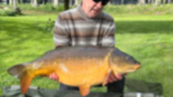 A fisherman poses with a 25lb+ Mirror fish.